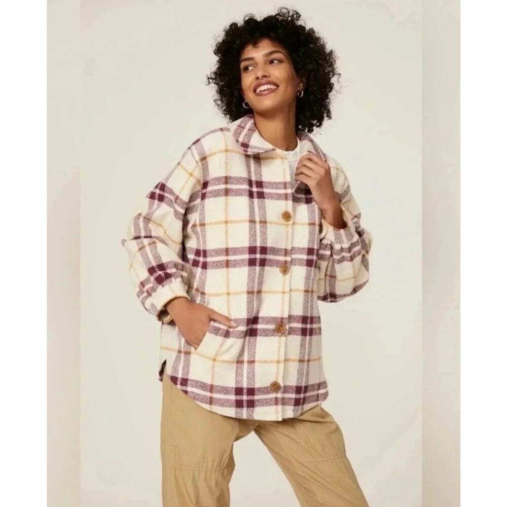 Ba&sh Qetsia Plaid Shacket Womens Medium Purple Yellow Cream Wool Overshirt
